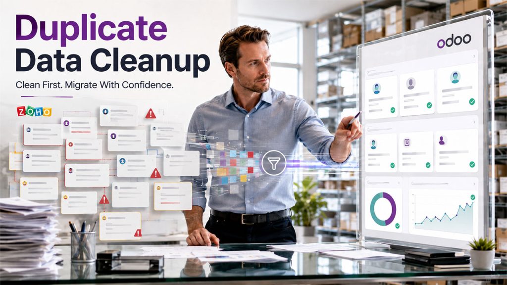 Dirty or duplicate data identified and cleaned during the Zoho to Odoo migration process for accurate ERP data migration.