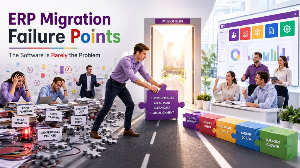 Common reasons why ERP migration projects fail during Zoho to Odoo migration, including poor planning, data quality issues, and inadequate testing.
