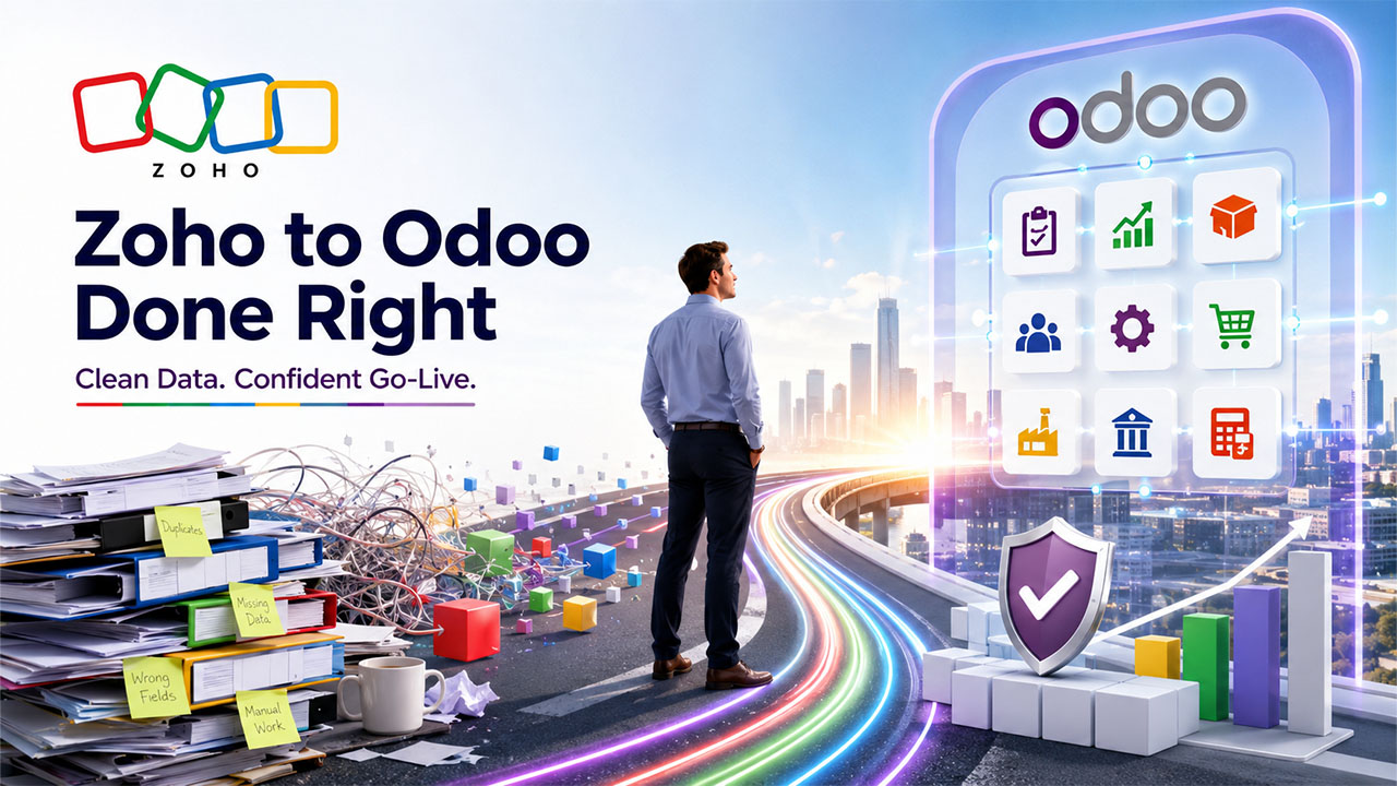 Zoho to Odoo migration process showing secure ERP data migration, field mapping, and business workflow transition.